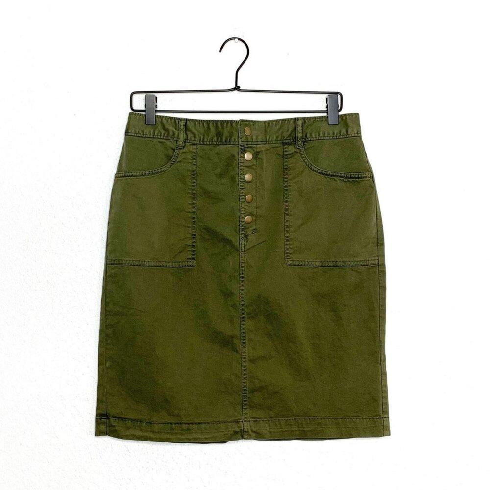 BANANA REPUBLIC Washed Army Green Snap Button Utility Pencil Skirt 8 Medium